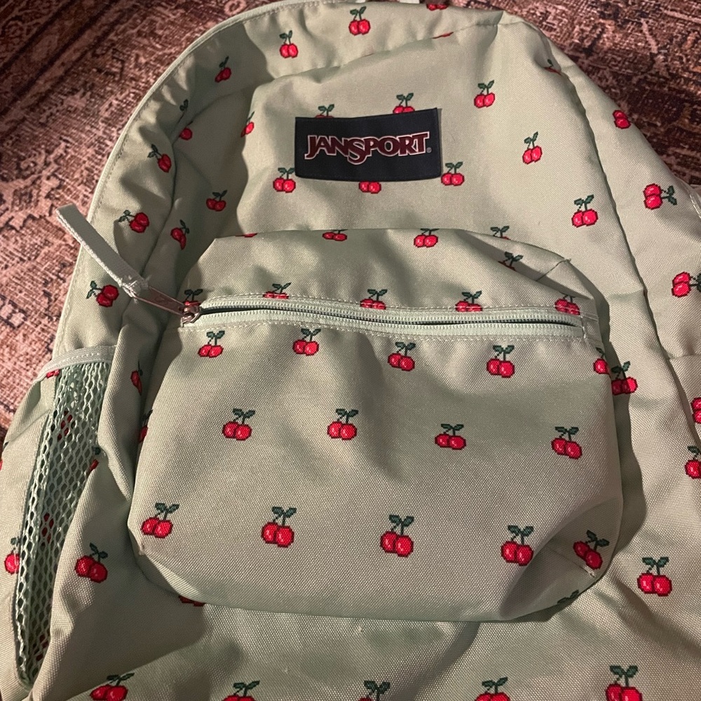 Jansport Kids Backpack with Cherry Design - Light Green and Red